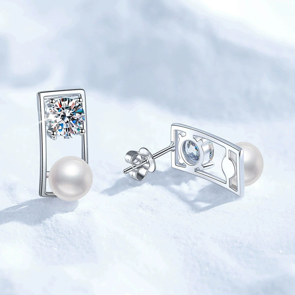 Rectangular Frame Pearl Moissanite Stud Earrings in White Gold-Plated S925 Sterling Silver close-up product detail view