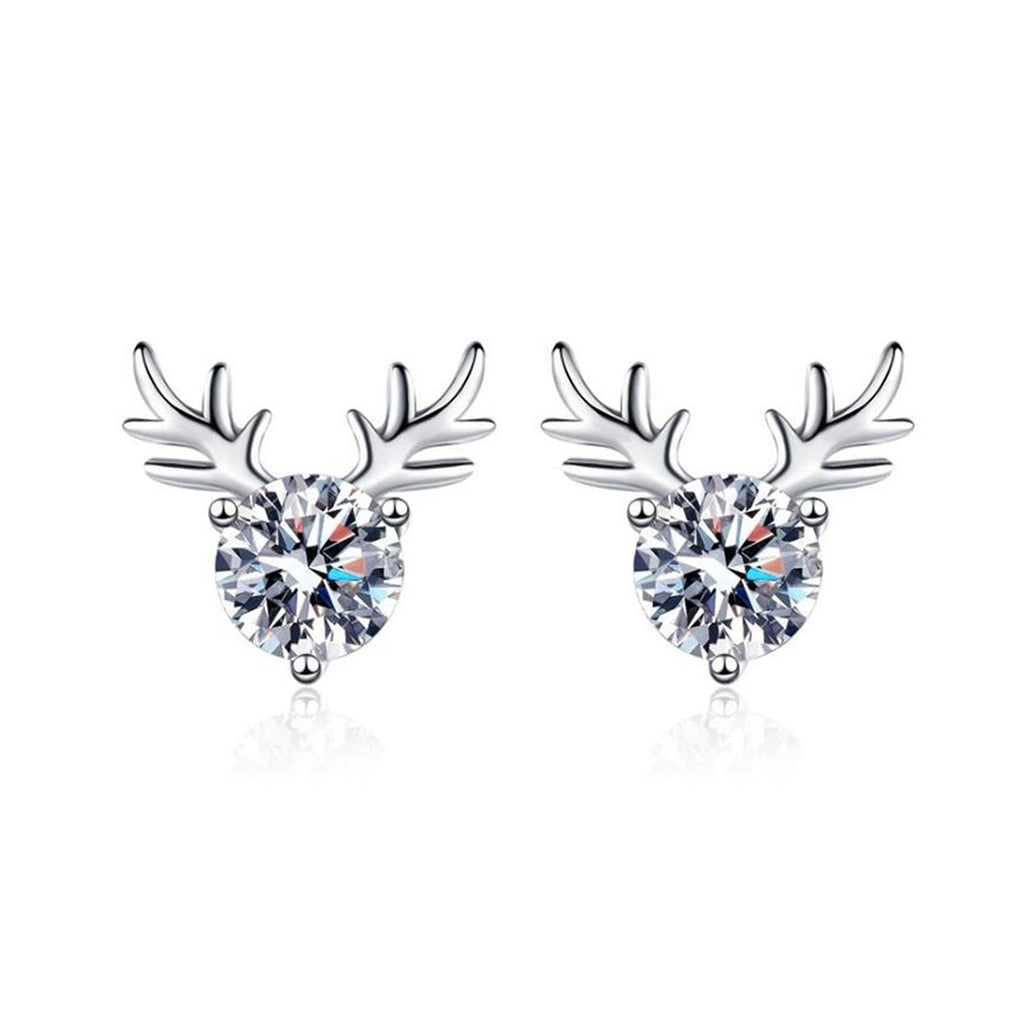 Antler Moissanite Stud Earrings in White Gold-Plated S925 Silver on clean white background showing antler-inspired stud earrings with a round moissanite cluster