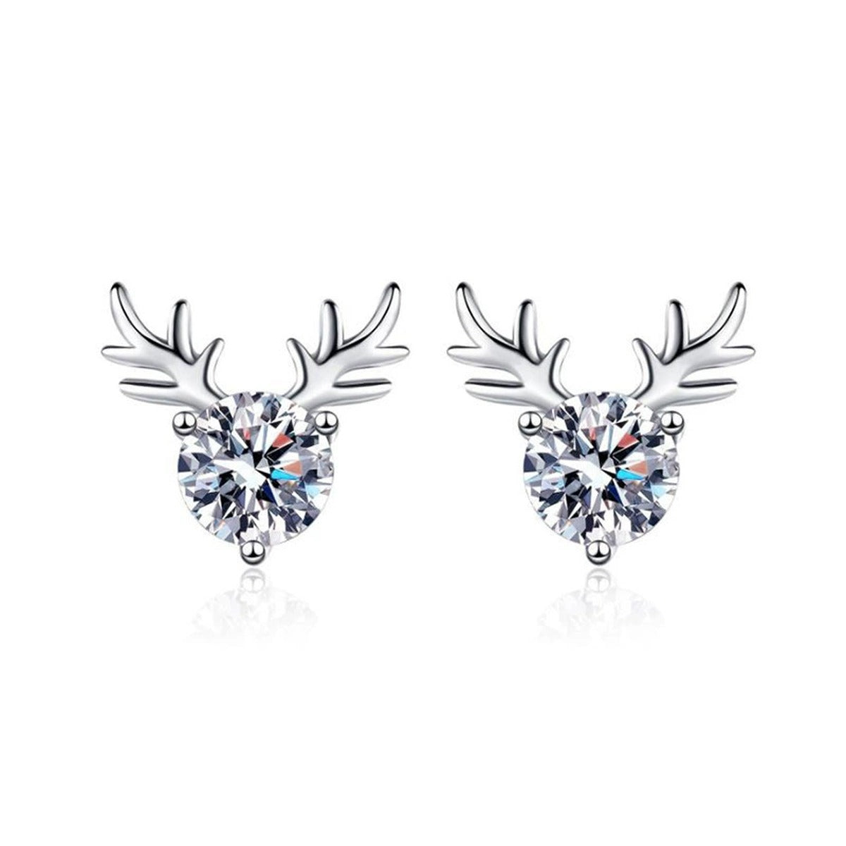 Antler Moissanite Stud Earrings in White Gold-Plated S925 Silver on clean white background showing antler-inspired stud earrings with a round moissanite cluster
