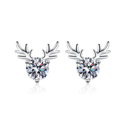 Antler Moissanite Stud Earrings in White Gold-Plated S925 Silver on clean white background showing antler-inspired stud earrings with a round moissanite cluster