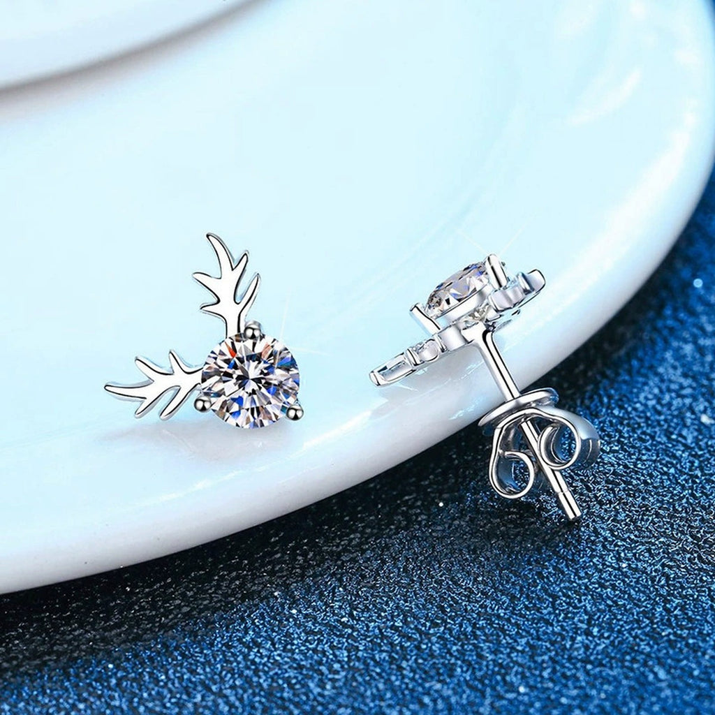 Antler Moissanite Stud Earrings in White Gold-Plated S925 Silver blue scene product view