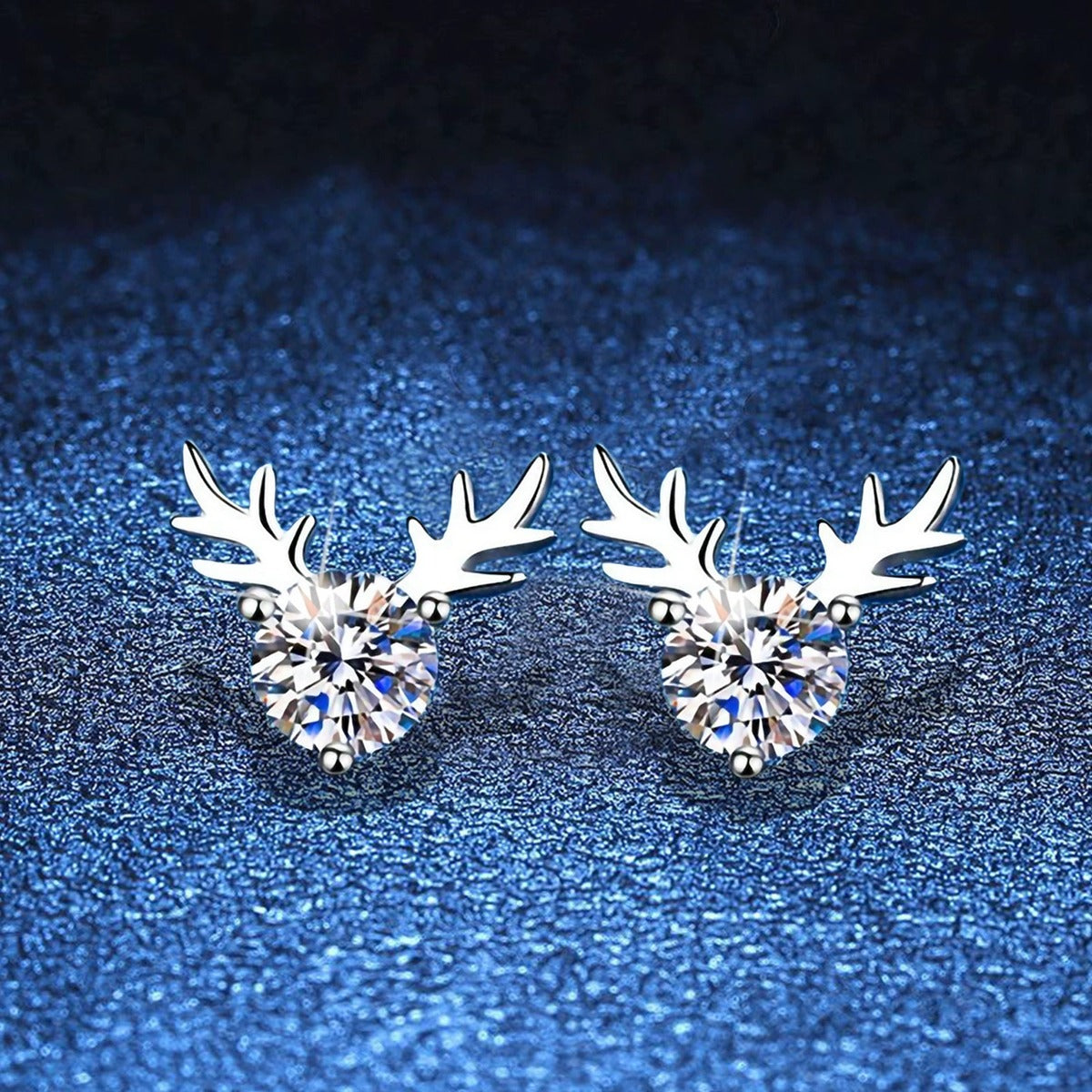 Antler Moissanite Stud Earrings in White Gold-Plated S925 Silver blue scene angled view