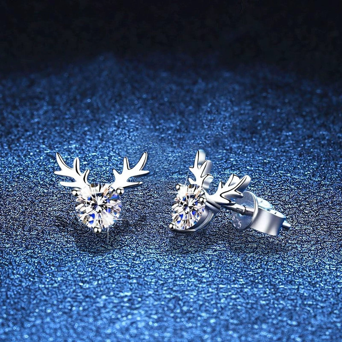 Antler Moissanite Stud Earrings in White Gold-Plated S925 Silver blue scene close-up view