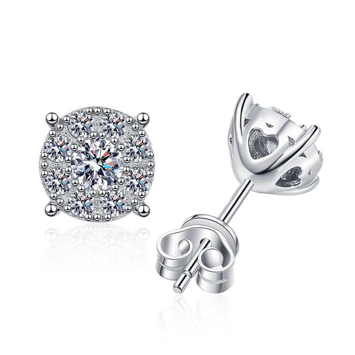 Square Cluster Moissanite Stud Earrings with CZ in White Gold-Plated S925 on clean white background showing square cluster stud earrings with a rounded moissanite sparkle