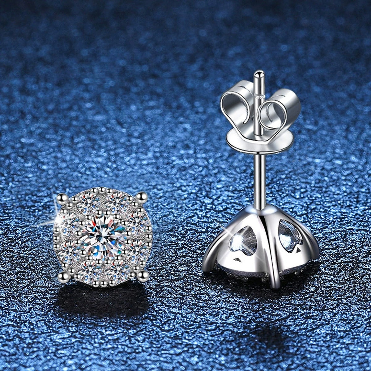 Square Cluster Moissanite Stud Earrings with CZ in White Gold-Plated S925 blue scene product view