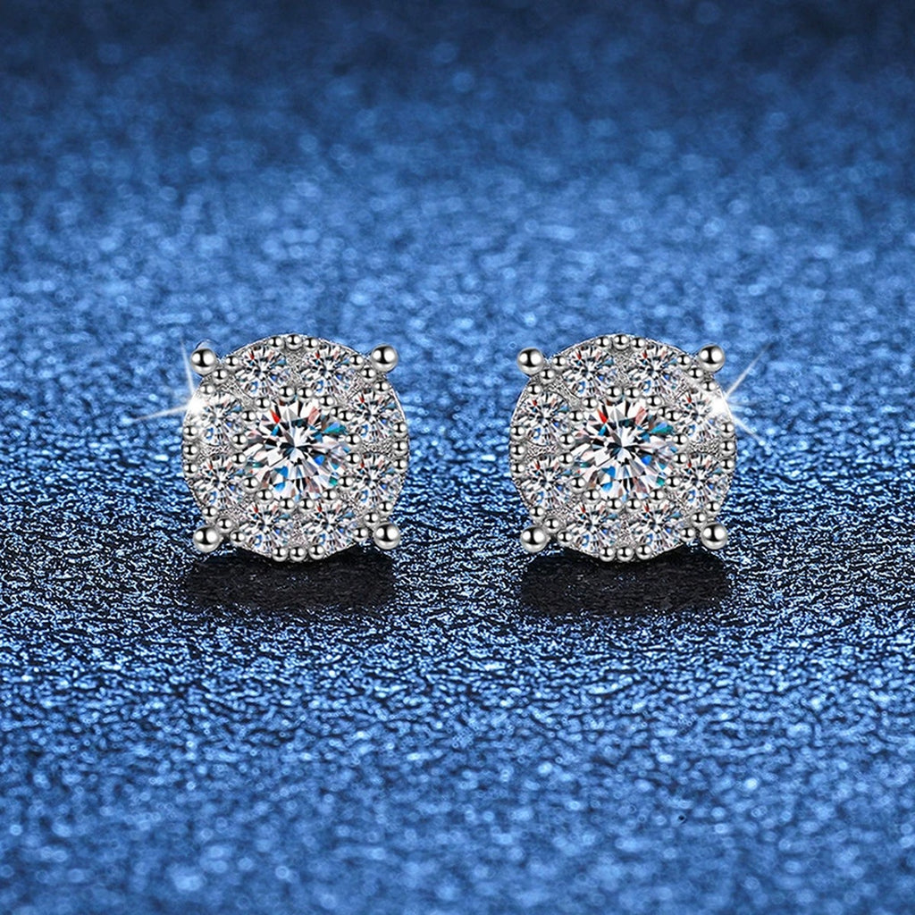 Square Cluster Moissanite Stud Earrings with CZ in White Gold-Plated S925 blue scene angled view