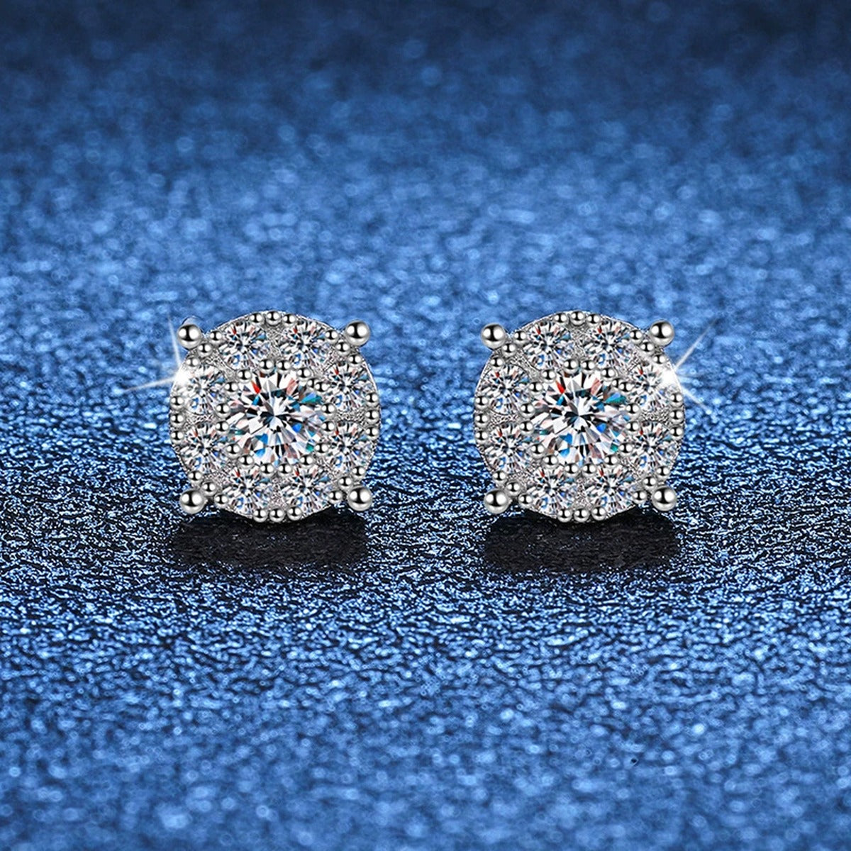 Square Cluster Moissanite Stud Earrings with CZ in White Gold-Plated S925 blue scene angled view