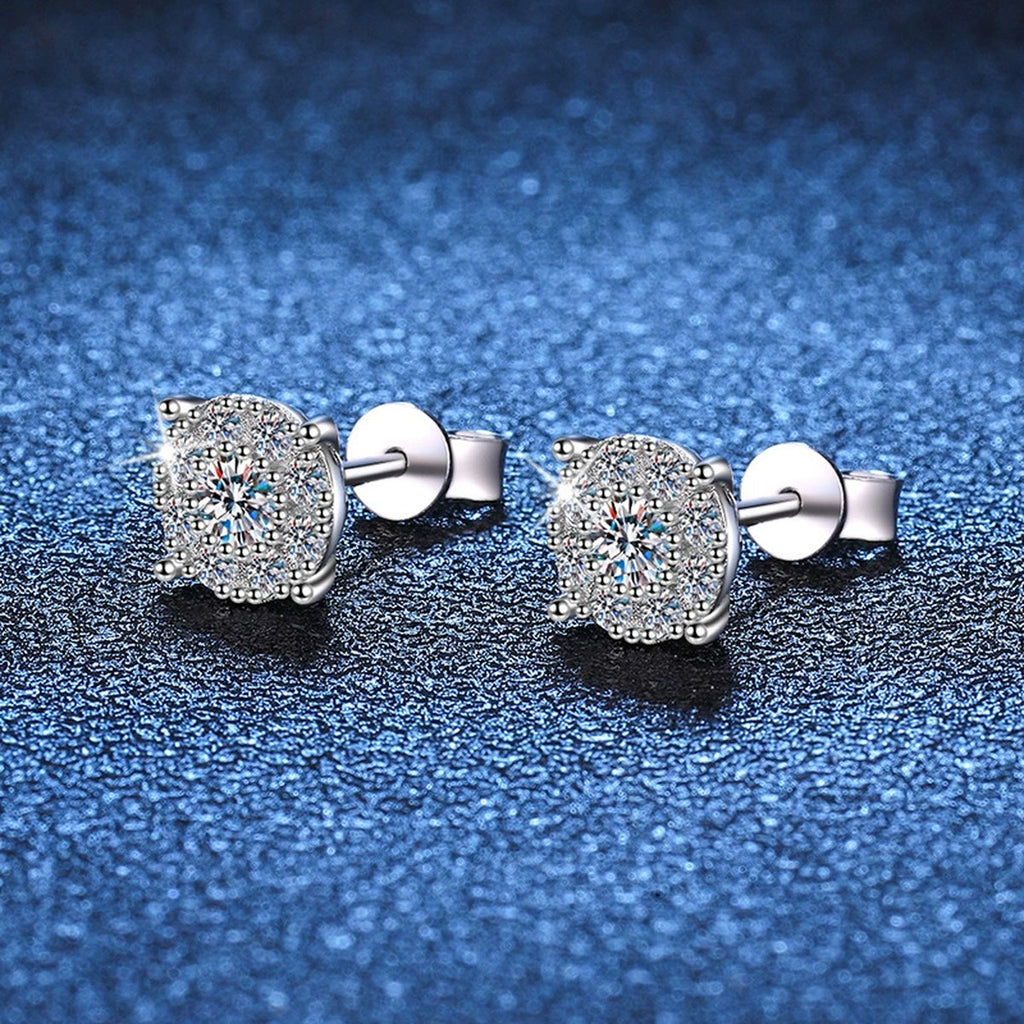 Square Cluster Moissanite Stud Earrings with CZ in White Gold-Plated S925 blue scene close-up view
