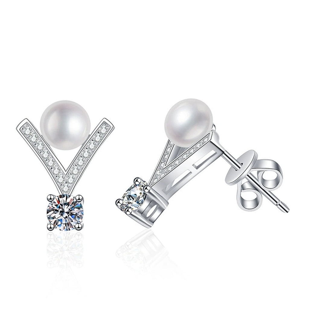 V-Shaped Pearl Moissanite Stud Earrings with CZ in White Gold-Plated S925 Sterling Silver on clean white background showing a V-shaped moissanite stud with a pearl accent
