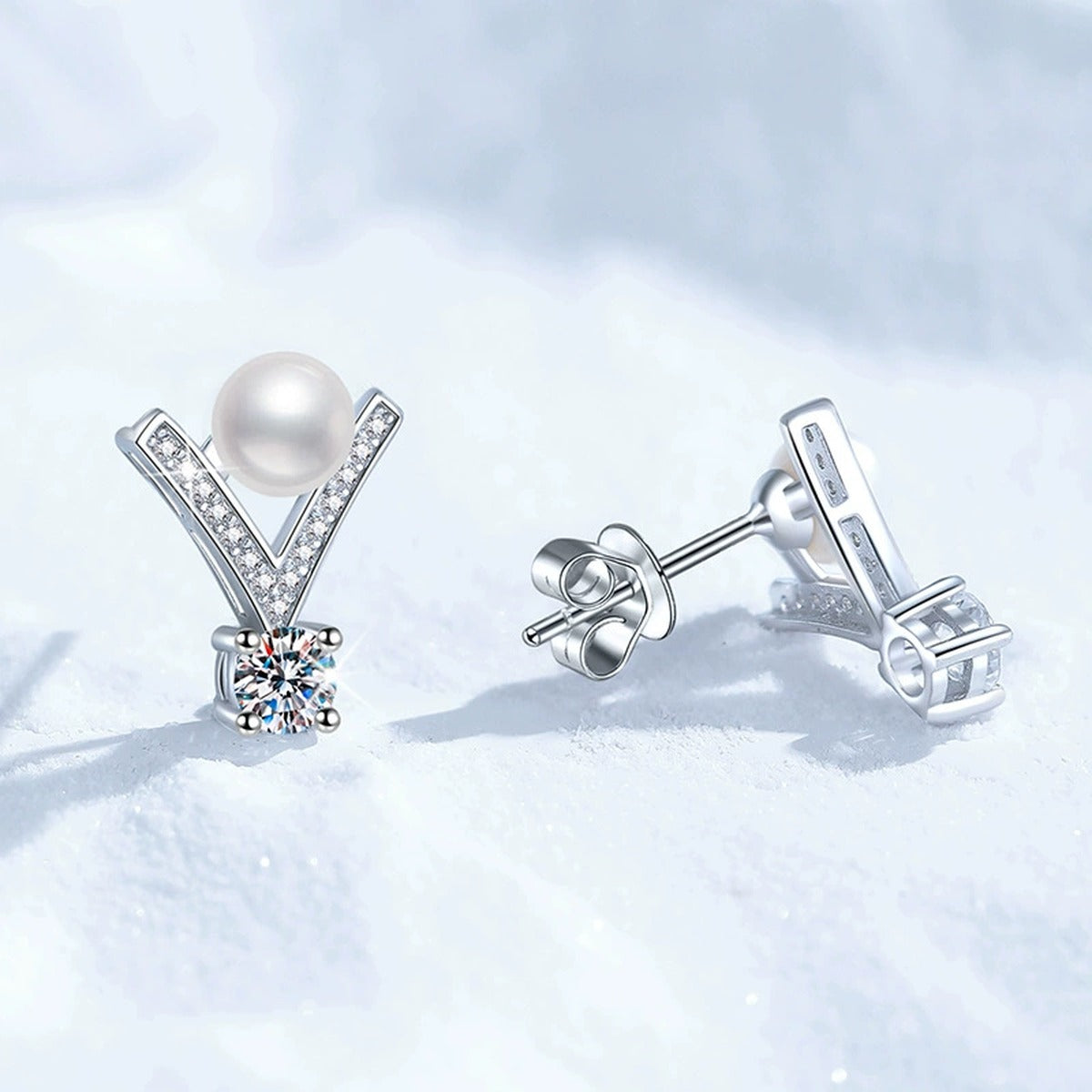 V-Shaped Pearl Moissanite Stud Earrings with CZ in White Gold-Plated S925 Sterling Silver close-up product detail view