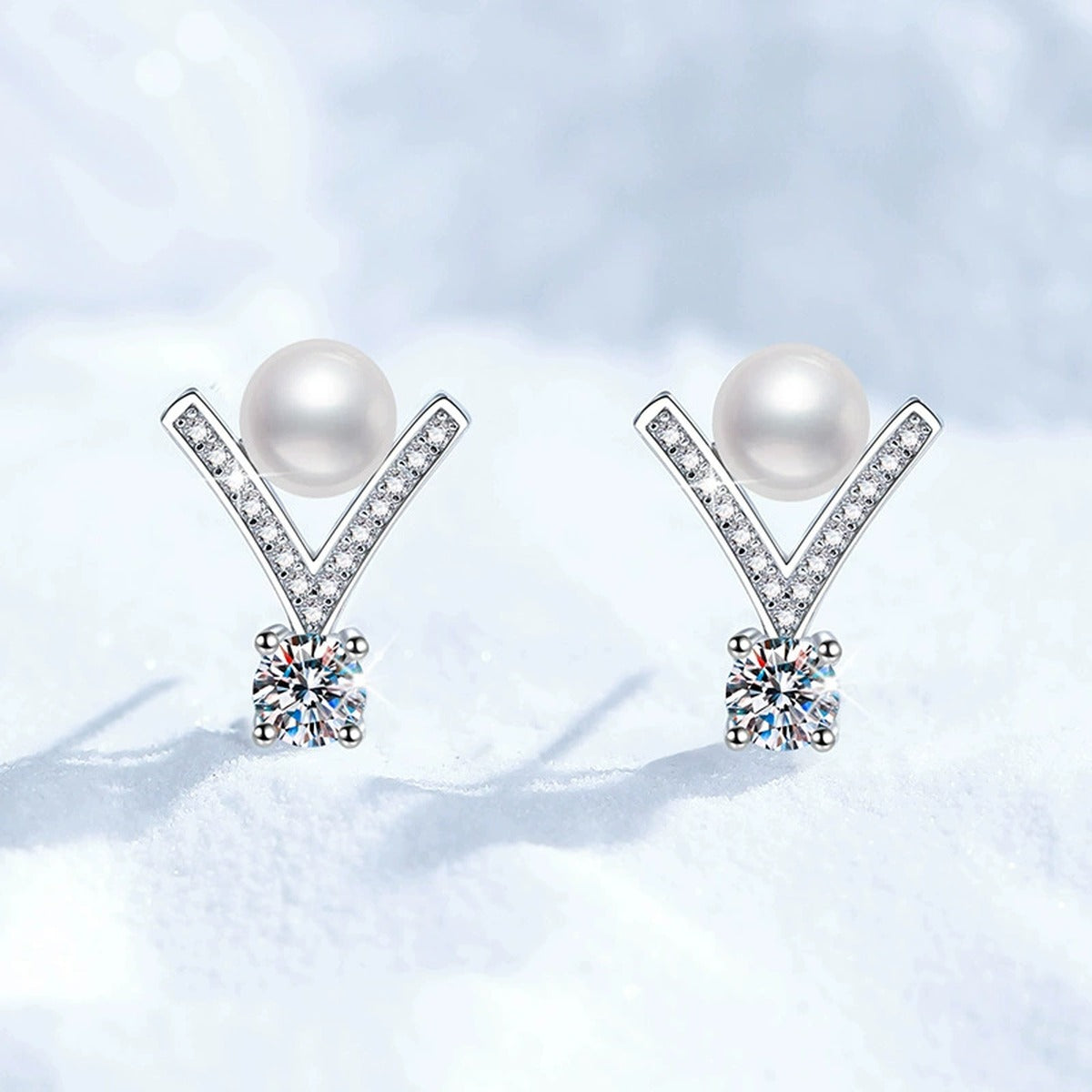 V-Shaped Pearl Moissanite Stud Earrings with CZ in White Gold-Plated S925 Sterling Silver close-up product detail view