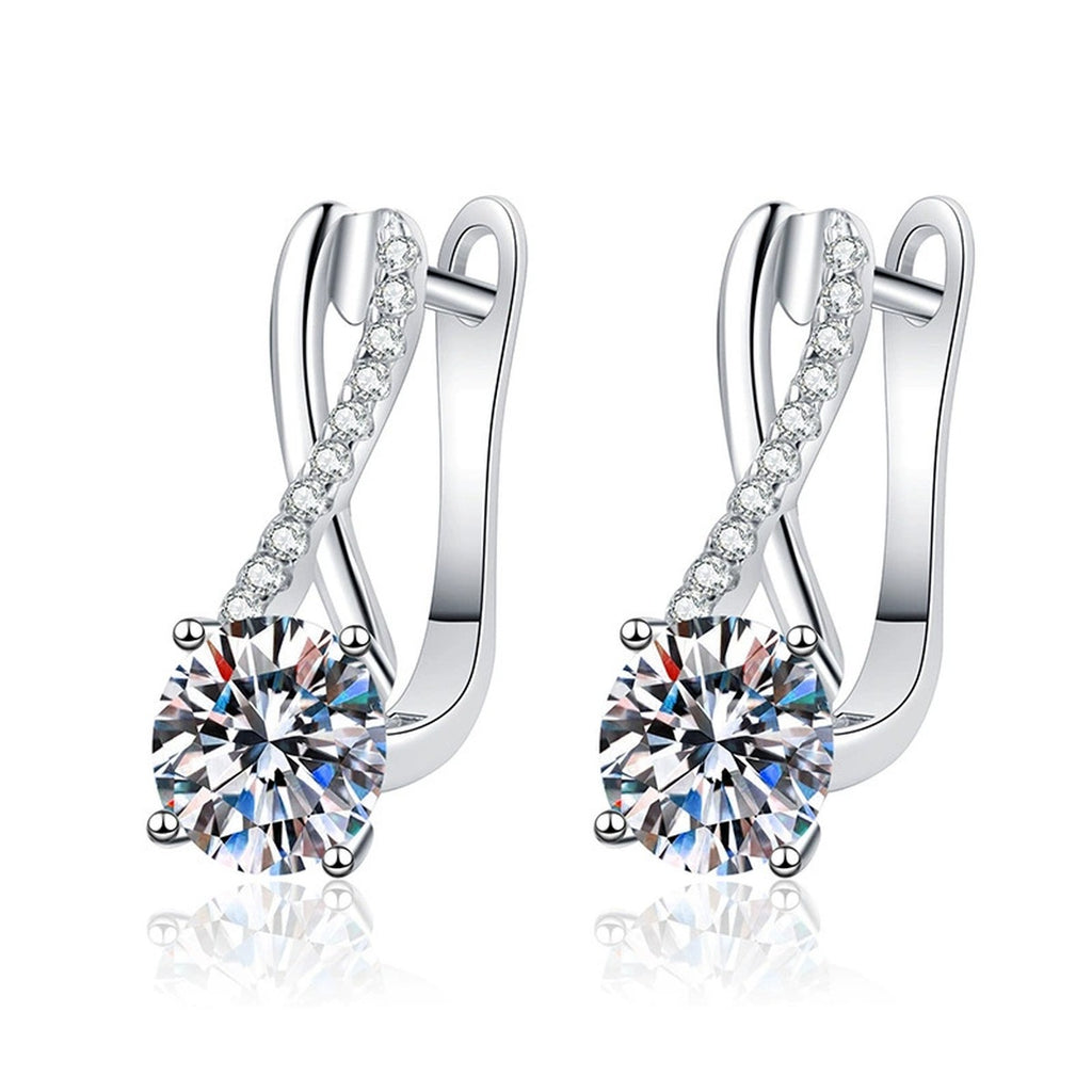 Round Moissanite Hoop Drop Earrings with CZ in White Gold-Plated S925 on clean white background showing curved hoop drops with a round moissanite center
