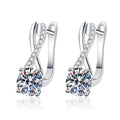 Round Moissanite Hoop Drop Earrings with CZ in White Gold-Plated S925 on clean white background showing curved hoop drops with a round moissanite center