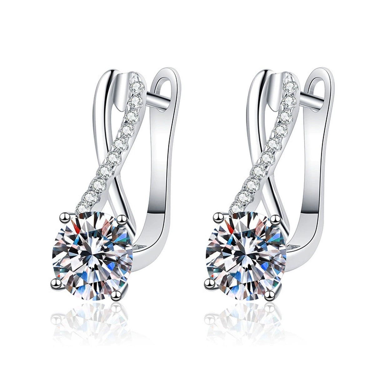 Round Moissanite Hoop Drop Earrings with CZ in White Gold-Plated S925 on clean white background showing curved hoop drops with a round moissanite center
