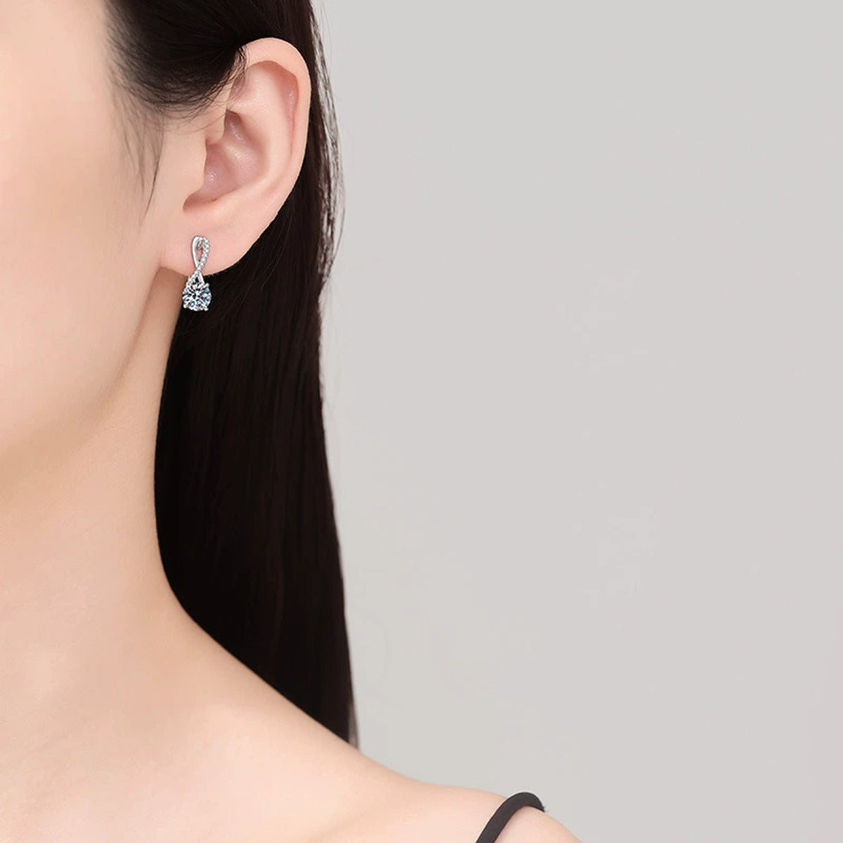 Round Moissanite Hoop Drop Earrings with CZ in White Gold-Plated S925 worn on ear by model