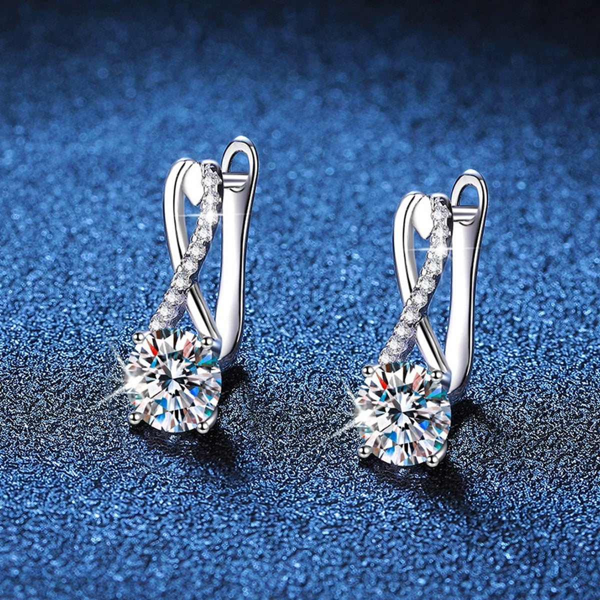 Round Moissanite Hoop Drop Earrings with CZ in White Gold-Plated S925 blue scene product view