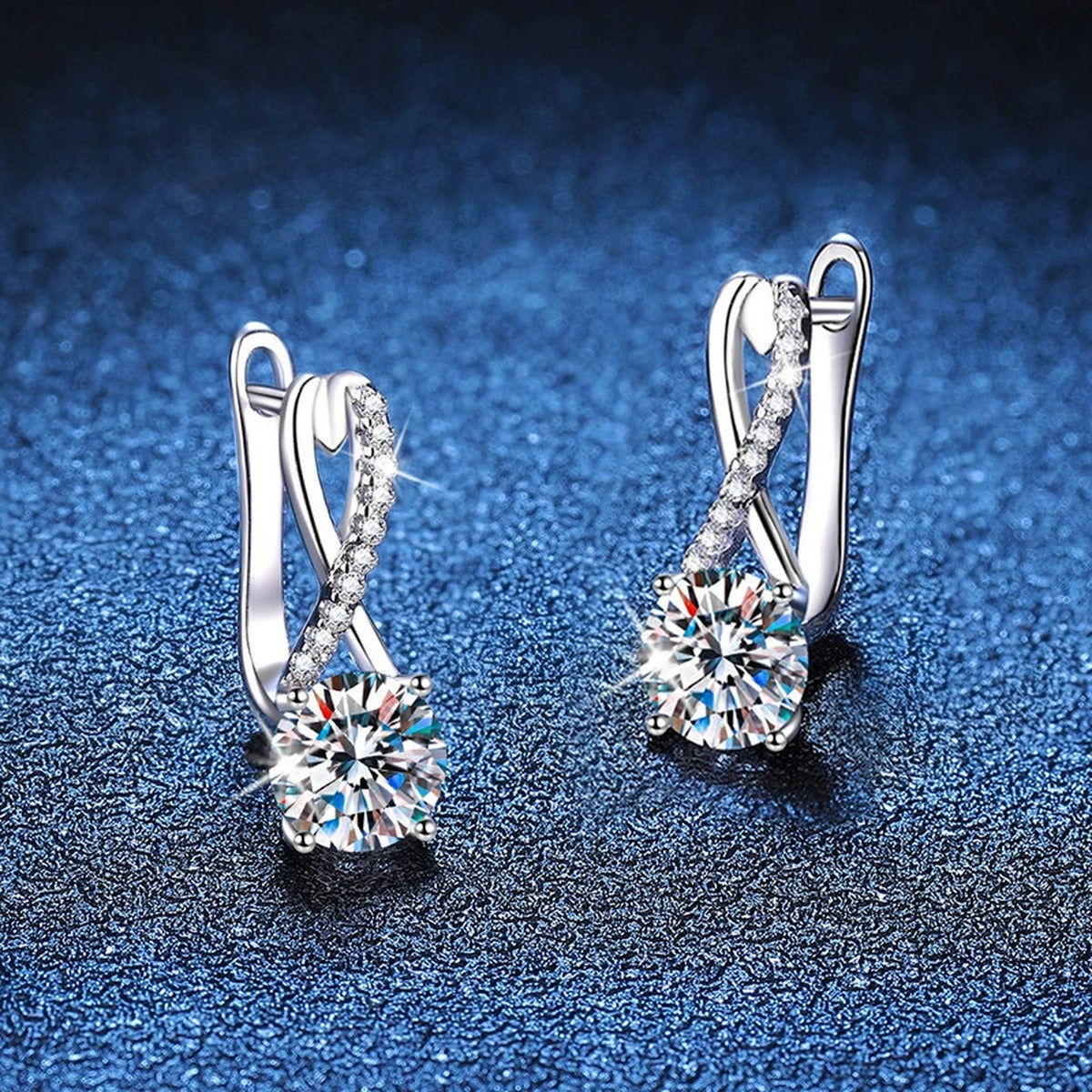 Round Moissanite Hoop Drop Earrings with CZ in White Gold-Plated S925 blue scene angled view