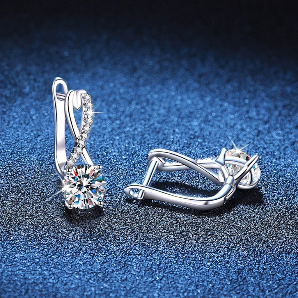 Round Moissanite Hoop Drop Earrings with CZ in White Gold-Plated S925 blue scene close-up view