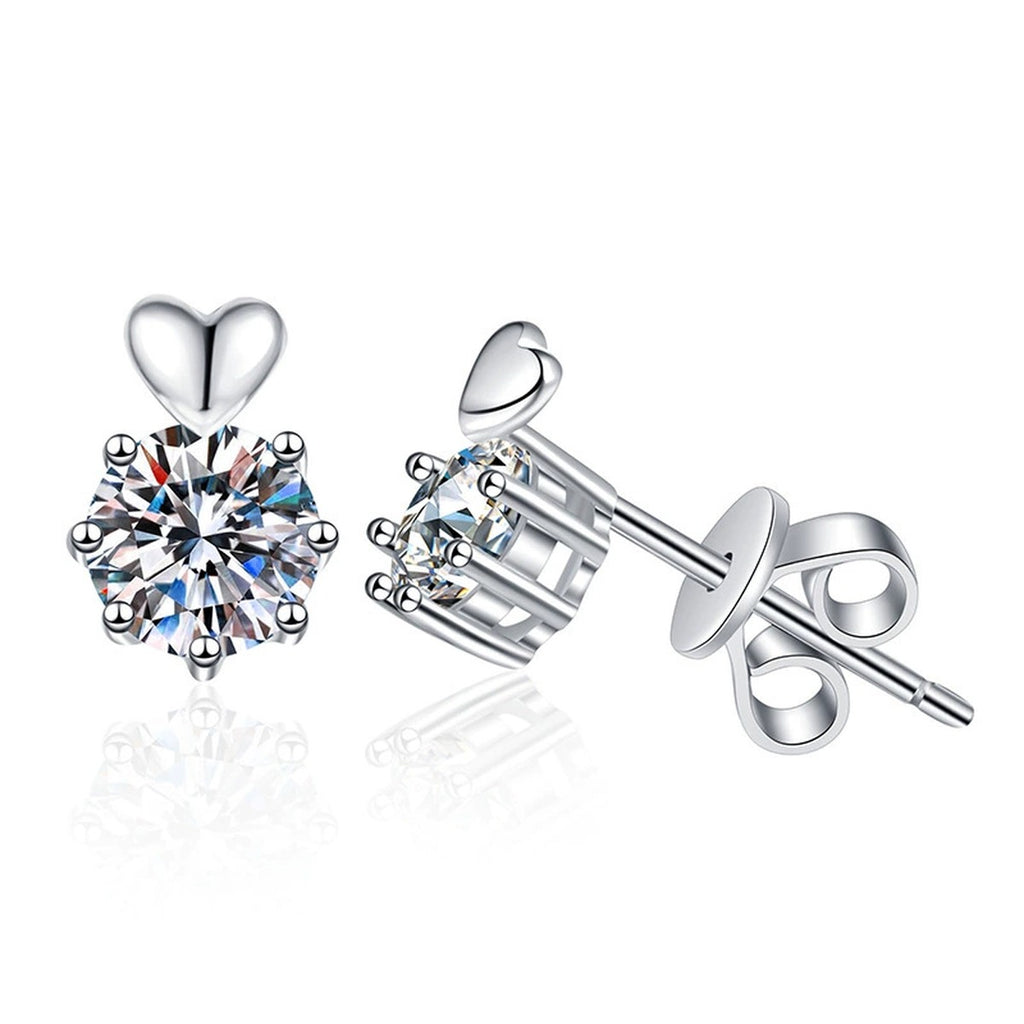 Floral Moissanite Stud Earrings in White Gold-Plated S925 Sterling Silver on clean white background showing petite floral stud earrings with a round moissanite center