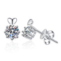 Floral Moissanite Stud Earrings in White Gold-Plated S925 Sterling Silver on clean white background showing petite floral stud earrings with a round moissanite center