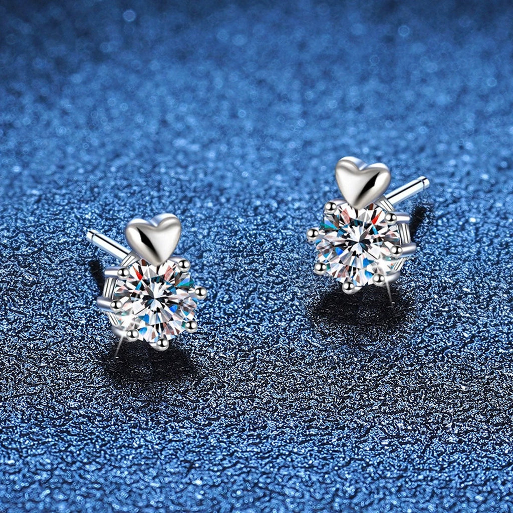 Floral Moissanite Stud Earrings in White Gold-Plated S925 Sterling Silver blue scene close-up view