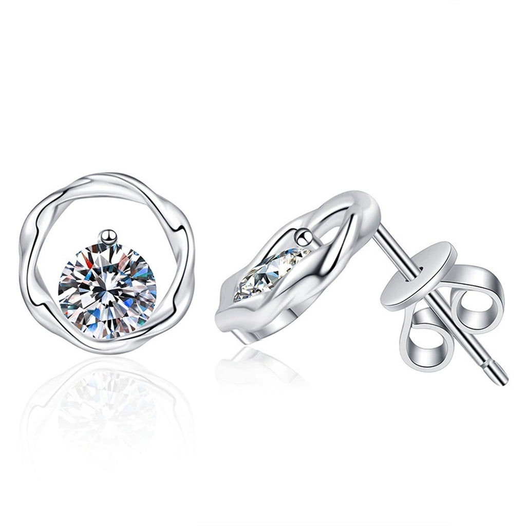 Heart Moissanite Stud Earrings in White Gold-Plated S925 Sterling Silver on clean white background showing heart-shaped stud earrings with a round moissanite center