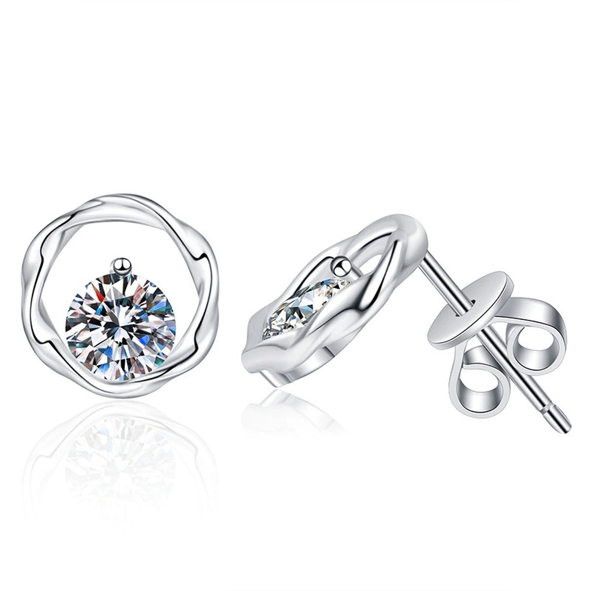 Heart Moissanite Stud Earrings in White Gold-Plated S925 Sterling Silver on clean white background showing heart-shaped stud earrings with a round moissanite center
