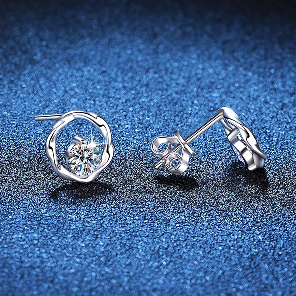 Heart Moissanite Stud Earrings in White Gold-Plated S925 Sterling Silver blue scene angled view