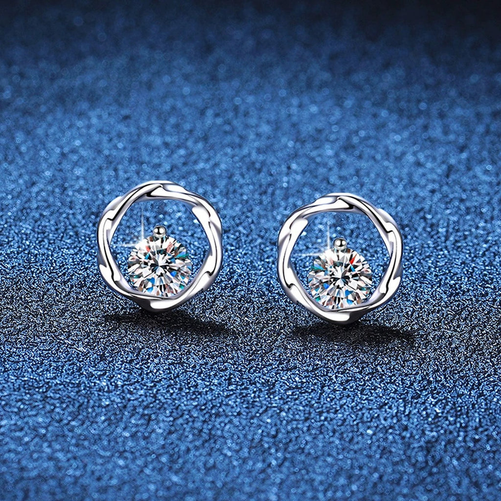 Heart Moissanite Stud Earrings in White Gold-Plated S925 Sterling Silver blue scene close-up view