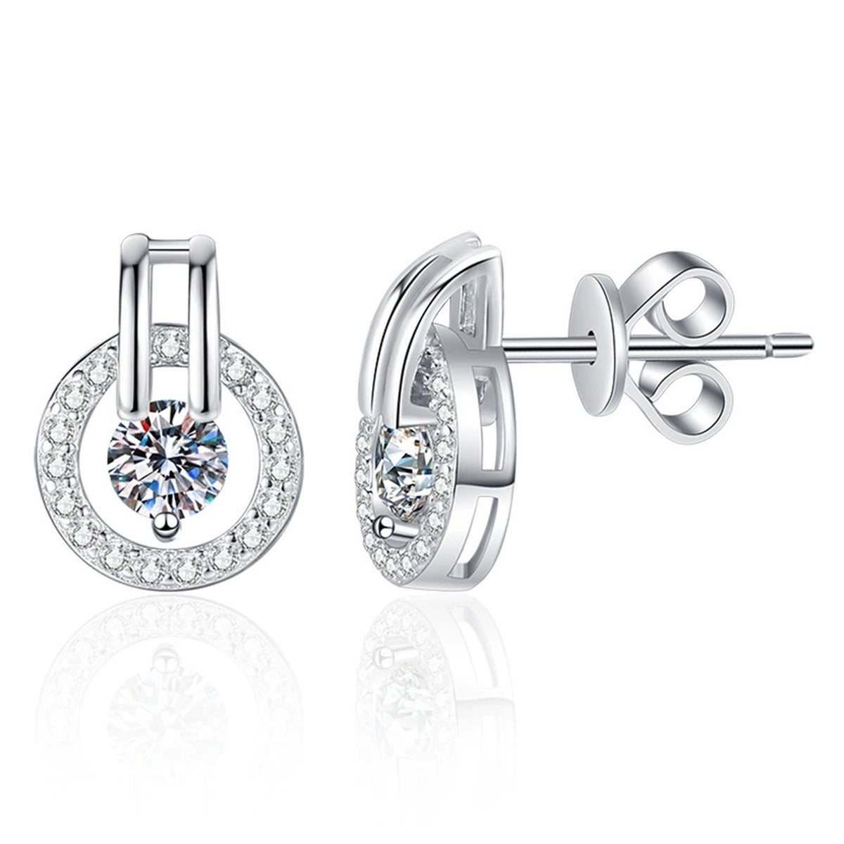 Round Moissanite Stud Earrings with CZ in White Gold-Plated S925 Silver on clean white background showing round moissanite stud earrings with a clean white gold finish