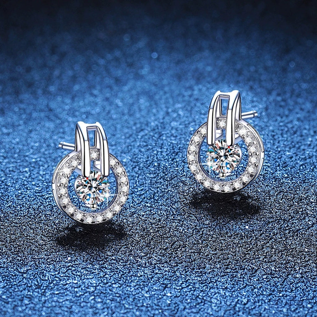 Round Moissanite Stud Earrings with CZ in White Gold-Plated S925 Silver blue scene angled view