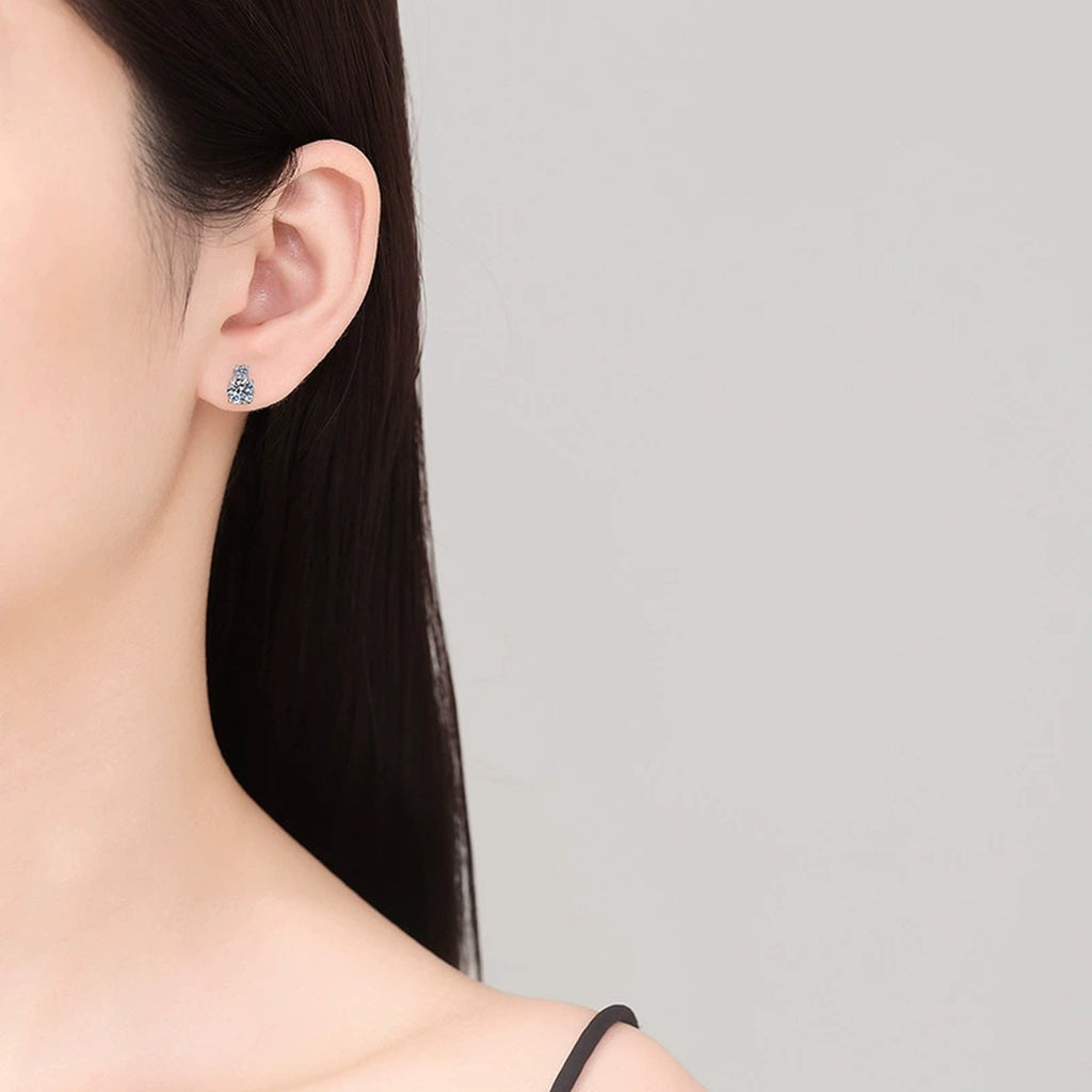 Square Moissanite Stud Earrings with CZ in White Gold-Plated S925 Silver worn on ear by model