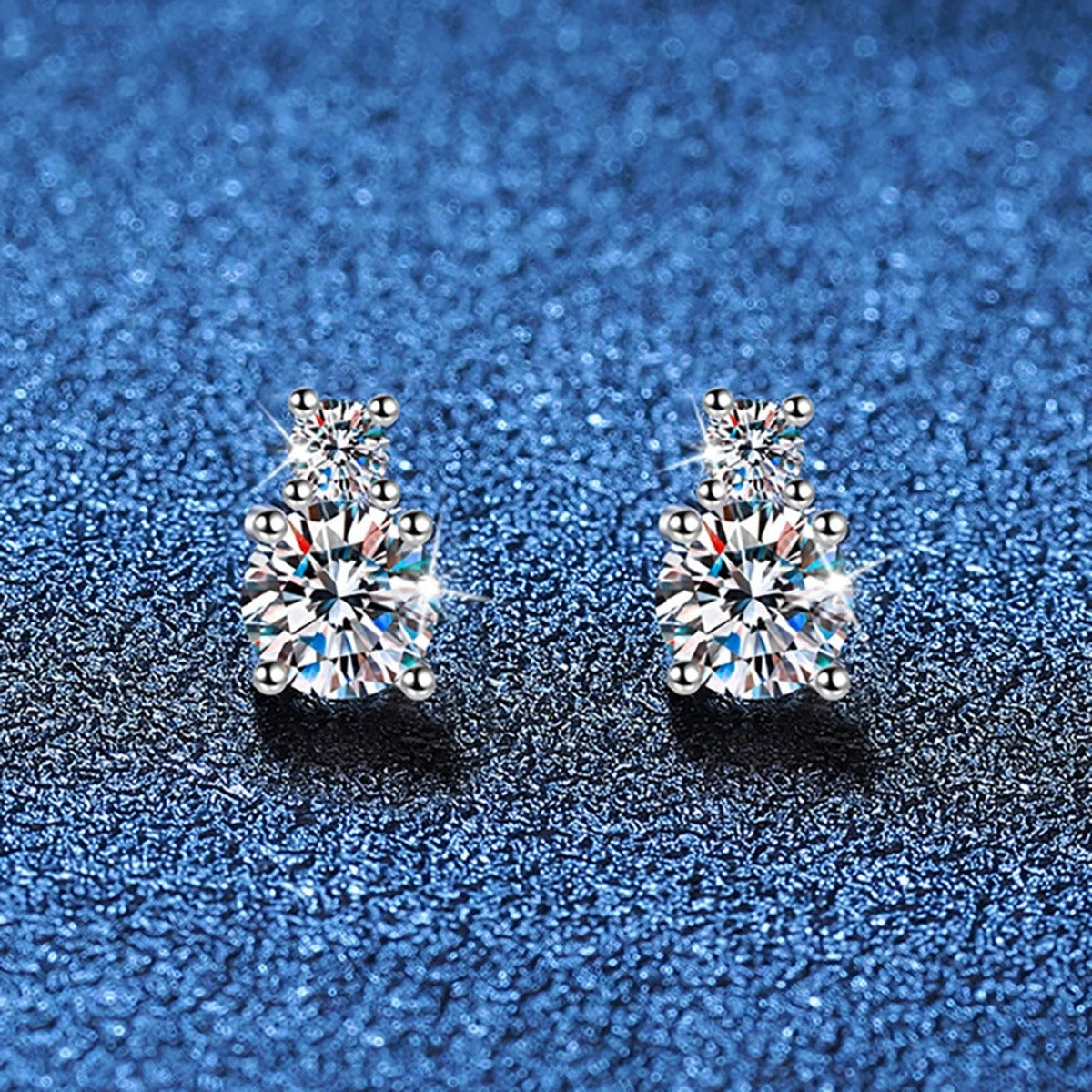 Square Moissanite Stud Earrings with CZ in White Gold-Plated S925 Silver blue scene angled view