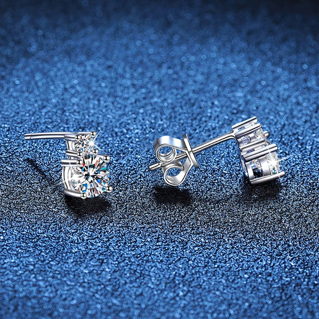 Square Moissanite Stud Earrings with CZ in White Gold-Plated S925 Silver blue scene close-up view