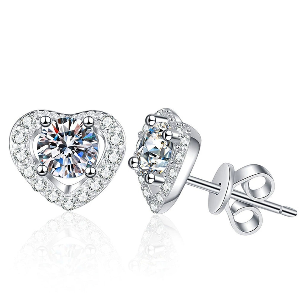 Heart Moissanite Stud Earrings with CZ in White Gold-Plated S925 Silver on clean white background showing heart-shaped studs with a round moissanite center and polished outline