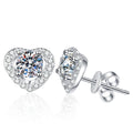 Heart Moissanite Stud Earrings with CZ in White Gold-Plated S925 Silver on clean white background showing heart-shaped studs with a round moissanite center and polished outline