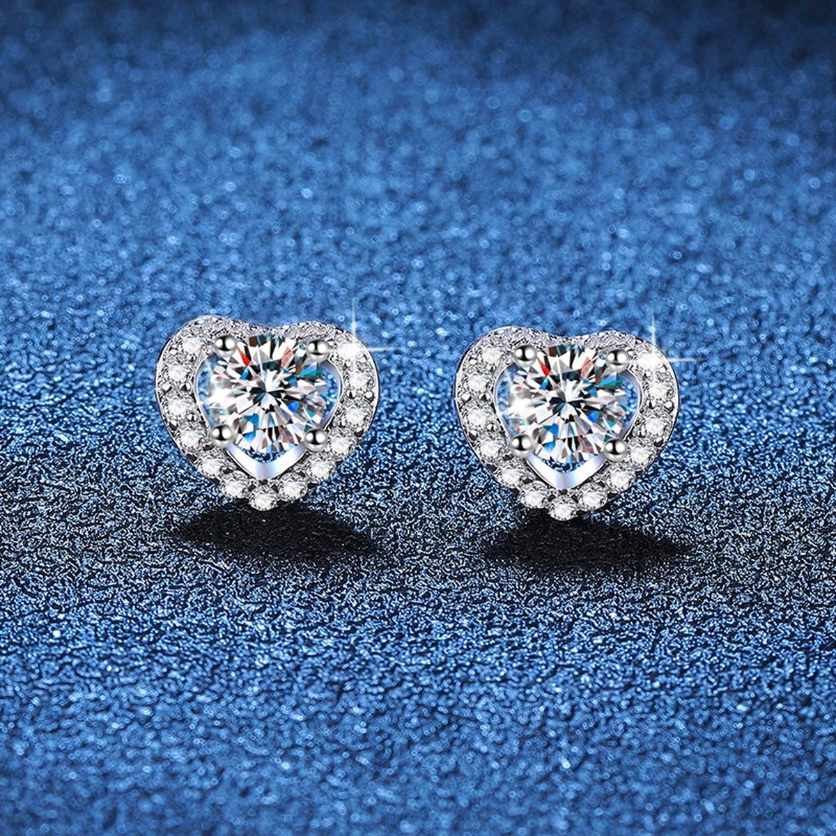 Heart Moissanite Stud Earrings with CZ in White Gold-Plated S925 Silver blue scene product view