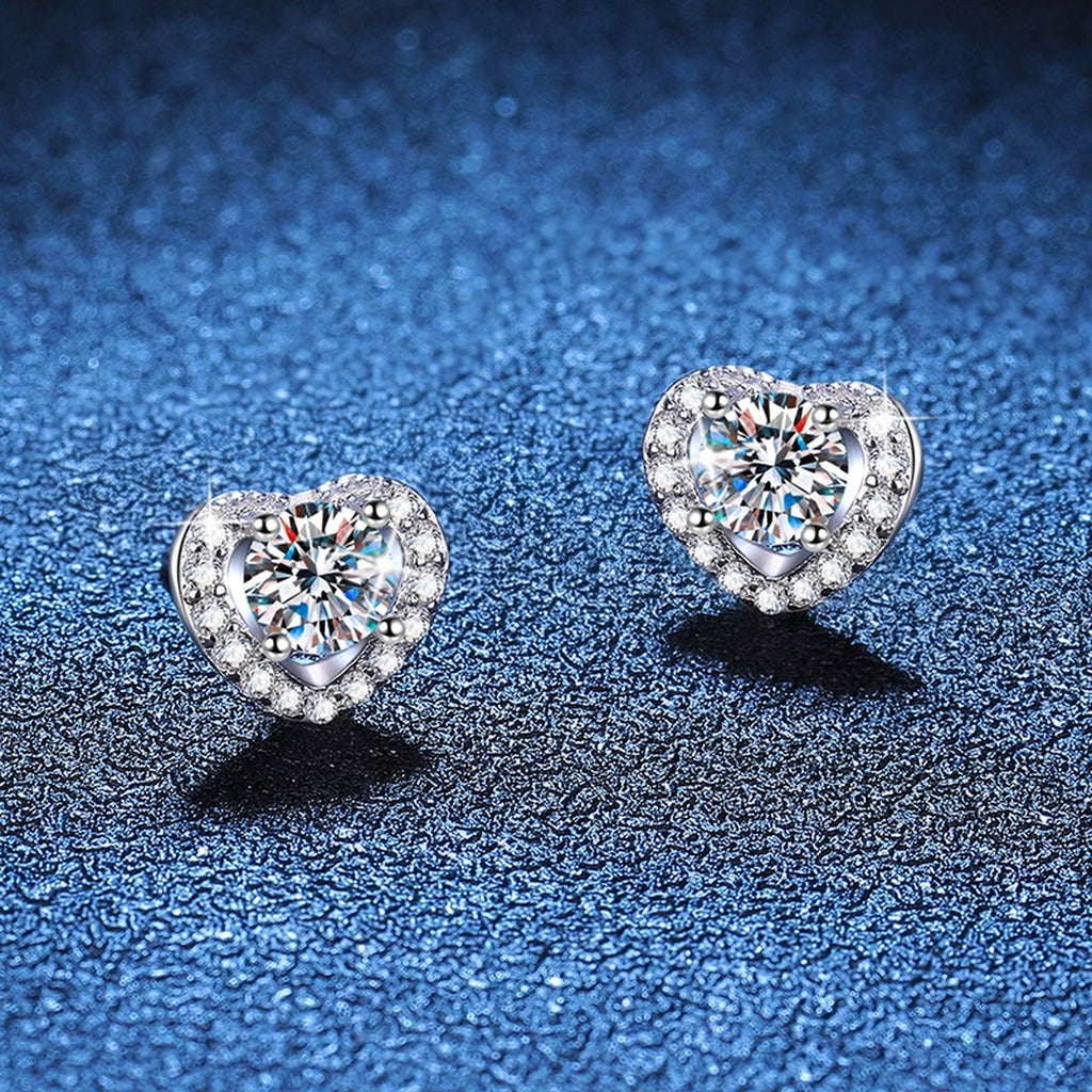 Heart Moissanite Stud Earrings with CZ in White Gold-Plated S925 Silver blue scene angled view