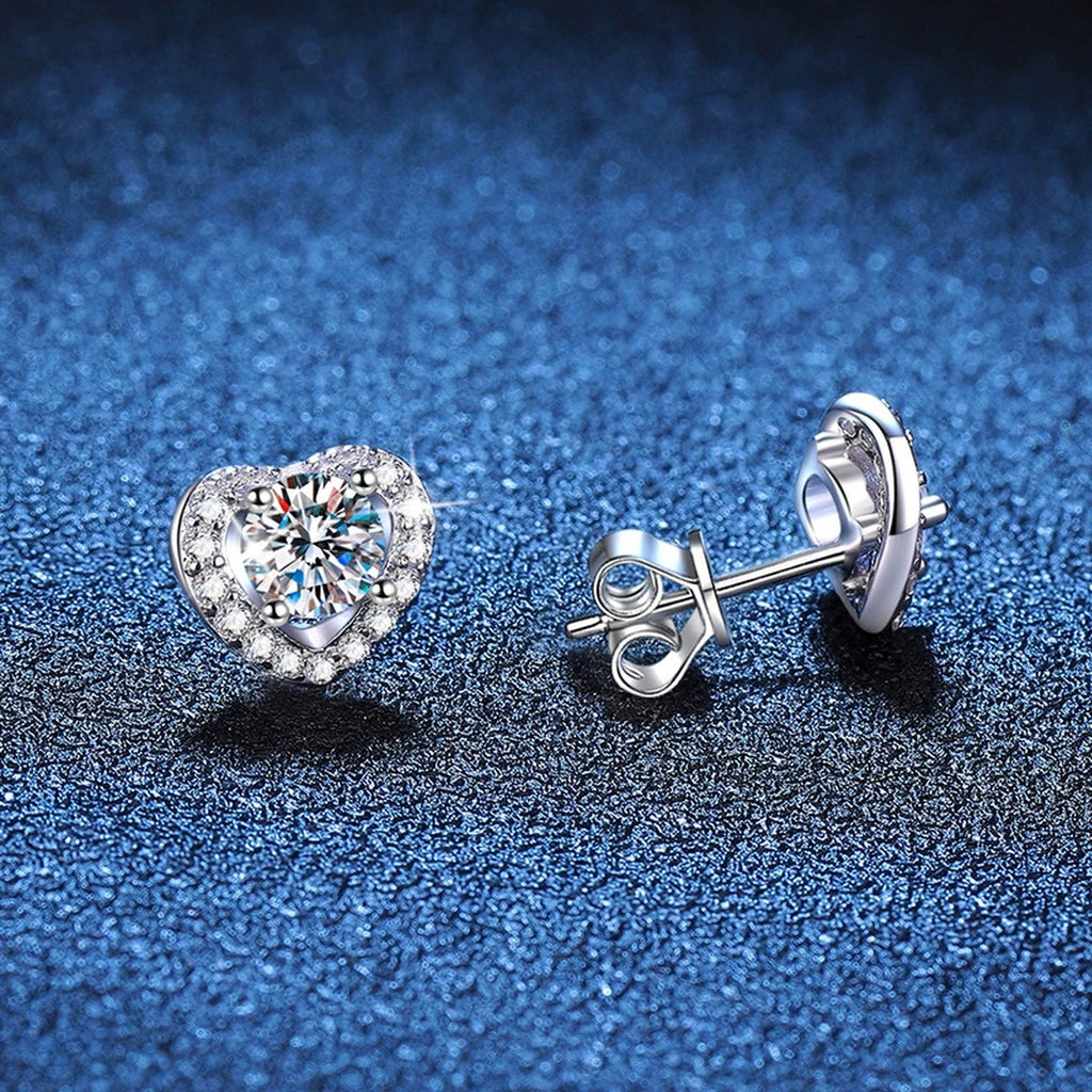 Heart Moissanite Stud Earrings with CZ in White Gold-Plated S925 Silver blue scene close-up view