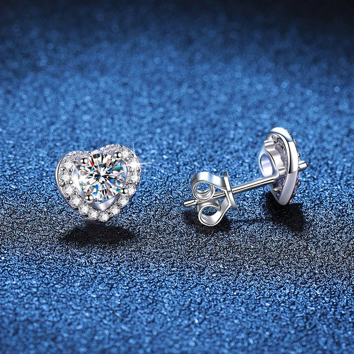 Heart Moissanite Stud Earrings with CZ in White Gold-Plated S925 Silver blue scene close-up view
