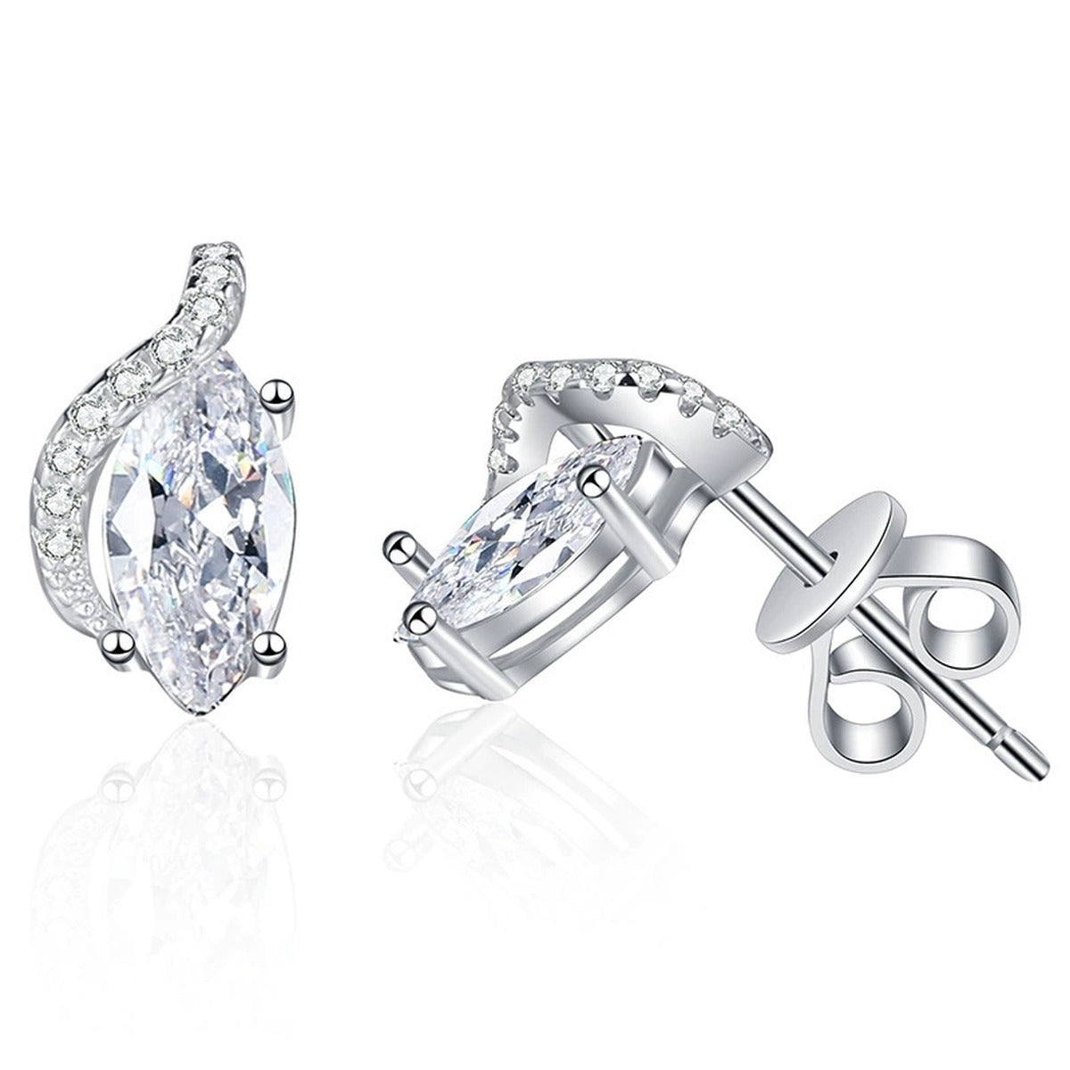 Marquise Moissanite Stud Earrings with CZ in White Gold-Plated S925 on clean white background showing marquise-shaped stud earrings with a slim polished profile
