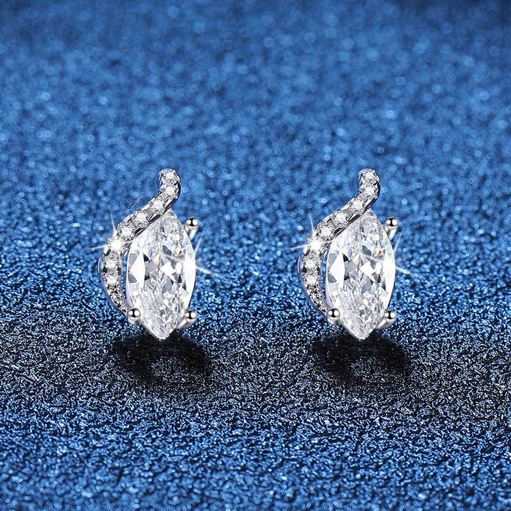Marquise Moissanite Stud Earrings with CZ in White Gold-Plated S925 blue scene angled view