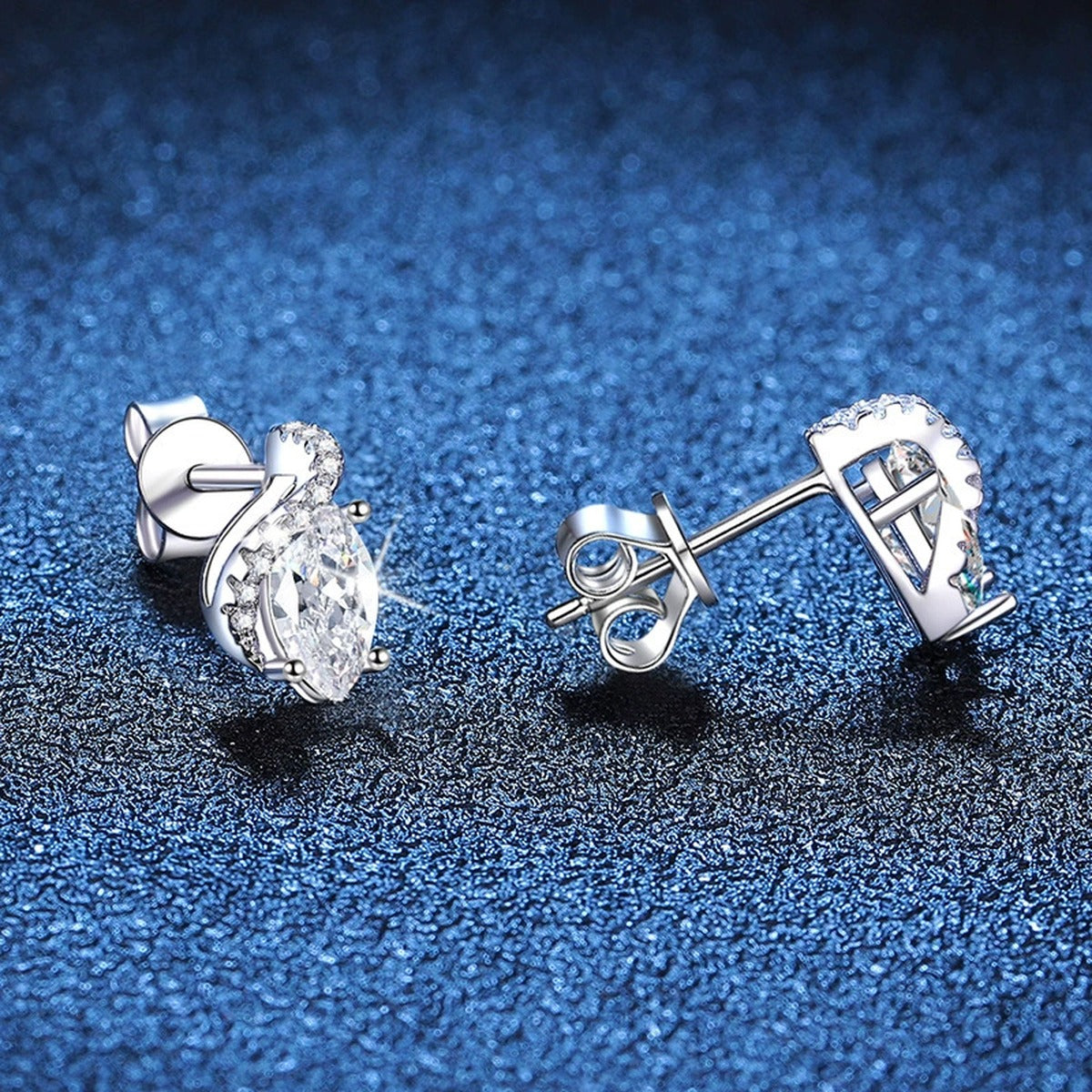 Marquise Moissanite Stud Earrings with CZ in White Gold-Plated S925 blue scene close-up view