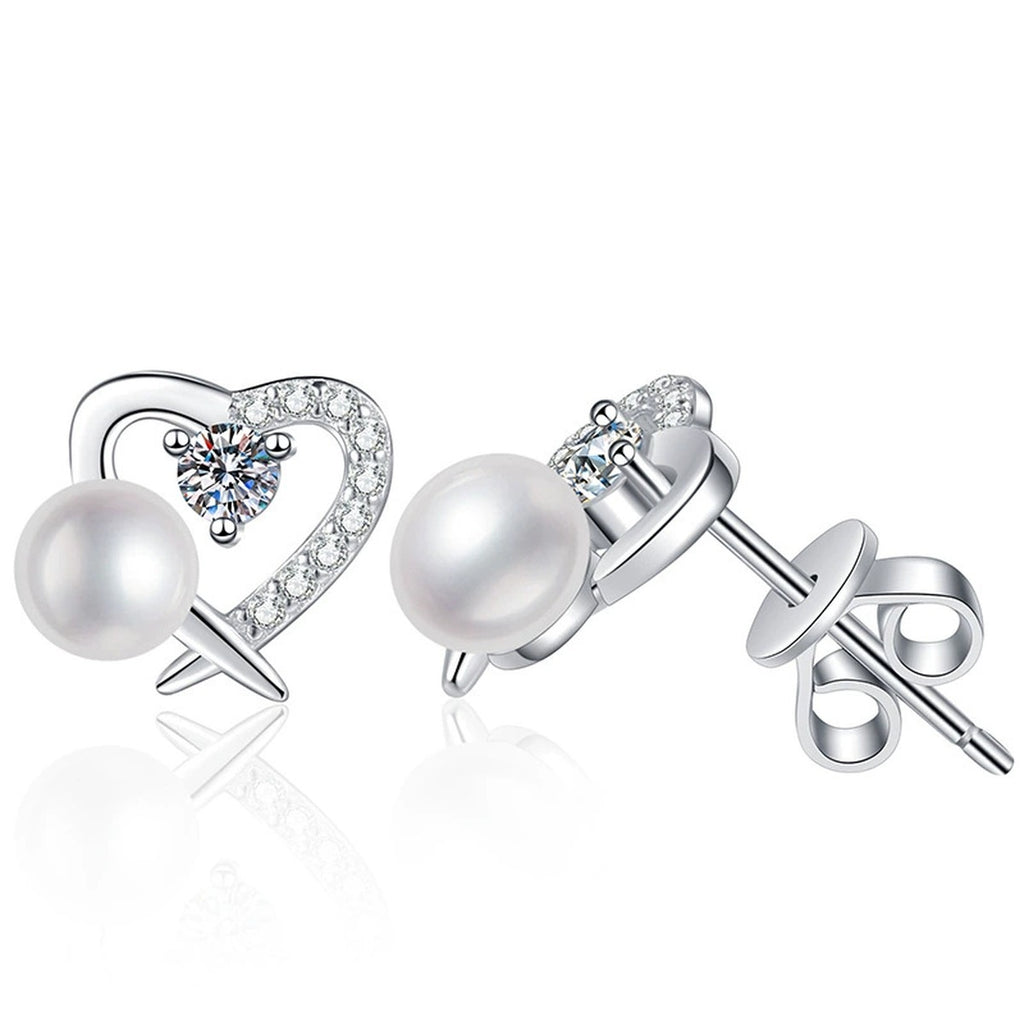 Heart Pearl Moissanite Stud Earrings with CZ in White Gold-Plated S925 Sterling Silver on clean white background showing a heart outline stud with pearl and moissanite detail