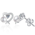 Heart Pearl Moissanite Stud Earrings with CZ in White Gold-Plated S925 Sterling Silver on clean white background showing a heart outline stud with pearl and moissanite detail