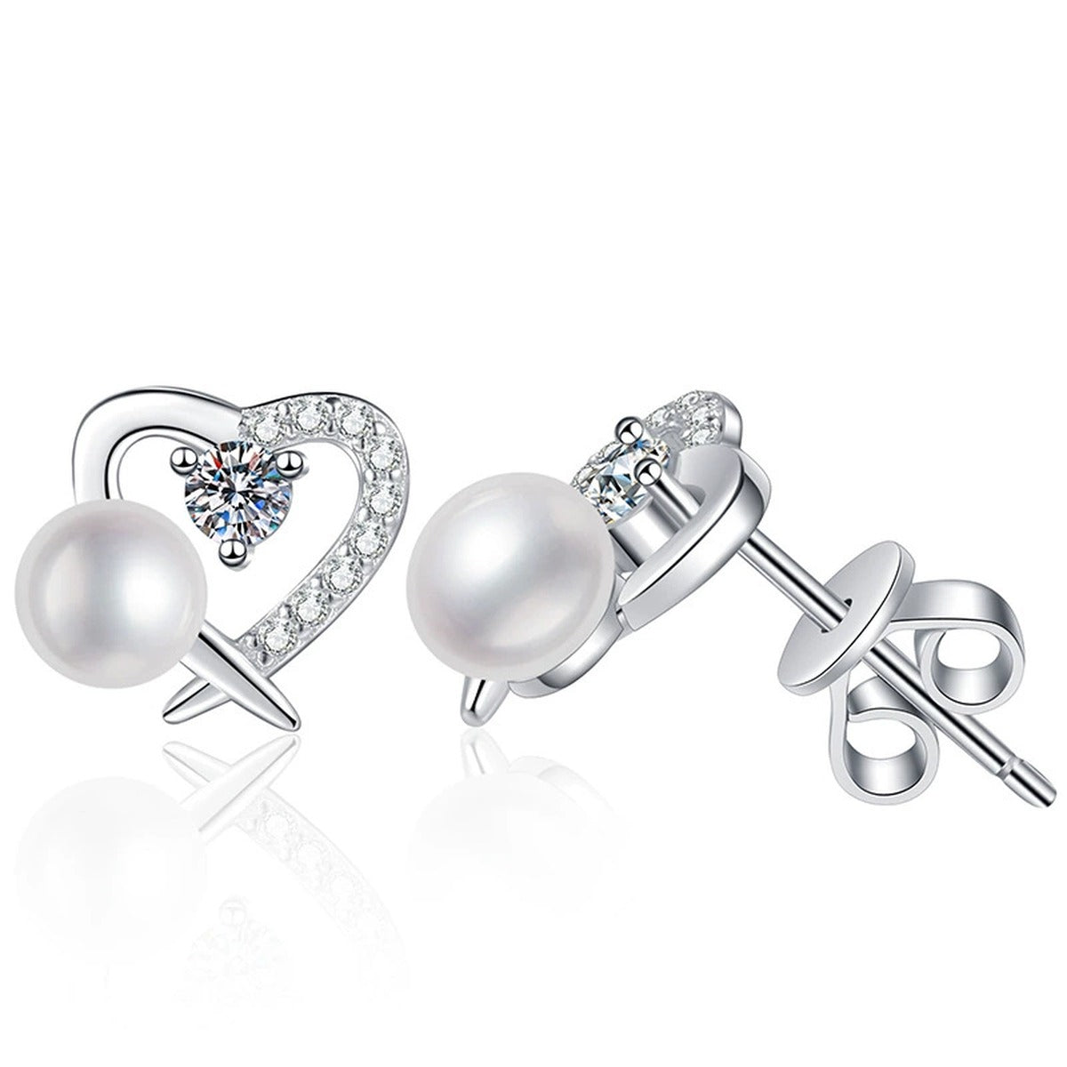 Heart Pearl Moissanite Stud Earrings with CZ in White Gold-Plated S925 Sterling Silver on clean white background showing a heart outline stud with pearl and moissanite detail