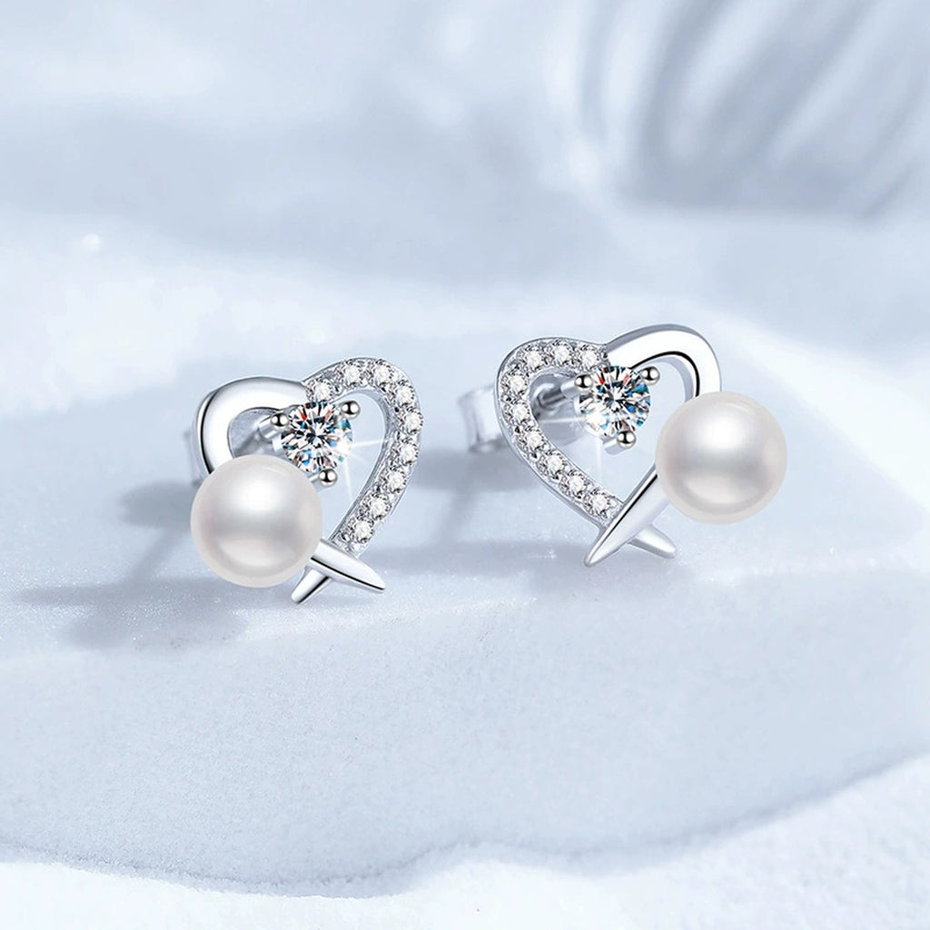 Heart Pearl Moissanite Stud Earrings with CZ in White Gold-Plated S925 Sterling Silver blue scene product view