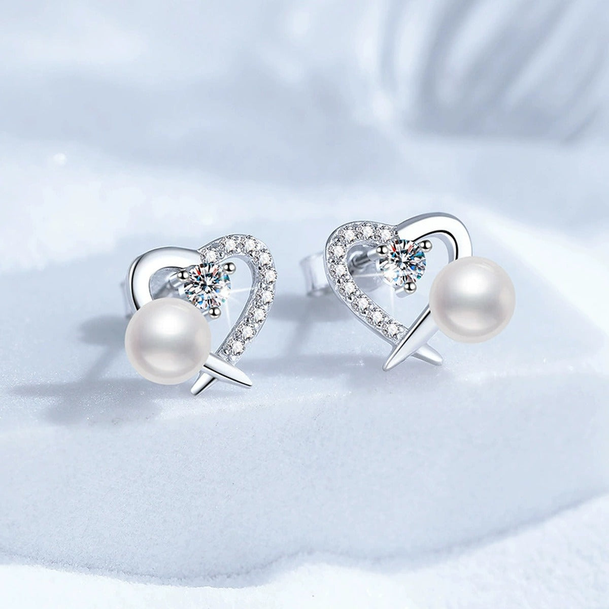 Heart Pearl Moissanite Stud Earrings with CZ in White Gold-Plated S925 Sterling Silver blue scene product view