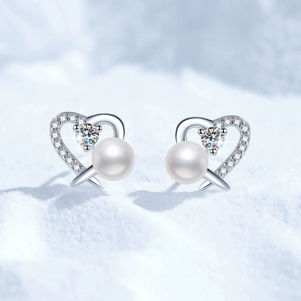 Heart Pearl Moissanite Stud Earrings with CZ in White Gold-Plated S925 Sterling Silver close-up product detail view