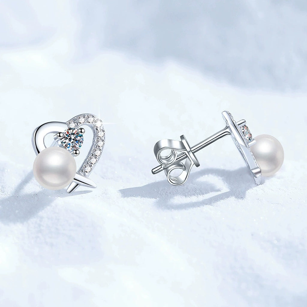 Heart Pearl Moissanite Stud Earrings with CZ in White Gold-Plated S925 Sterling Silver close-up product detail view